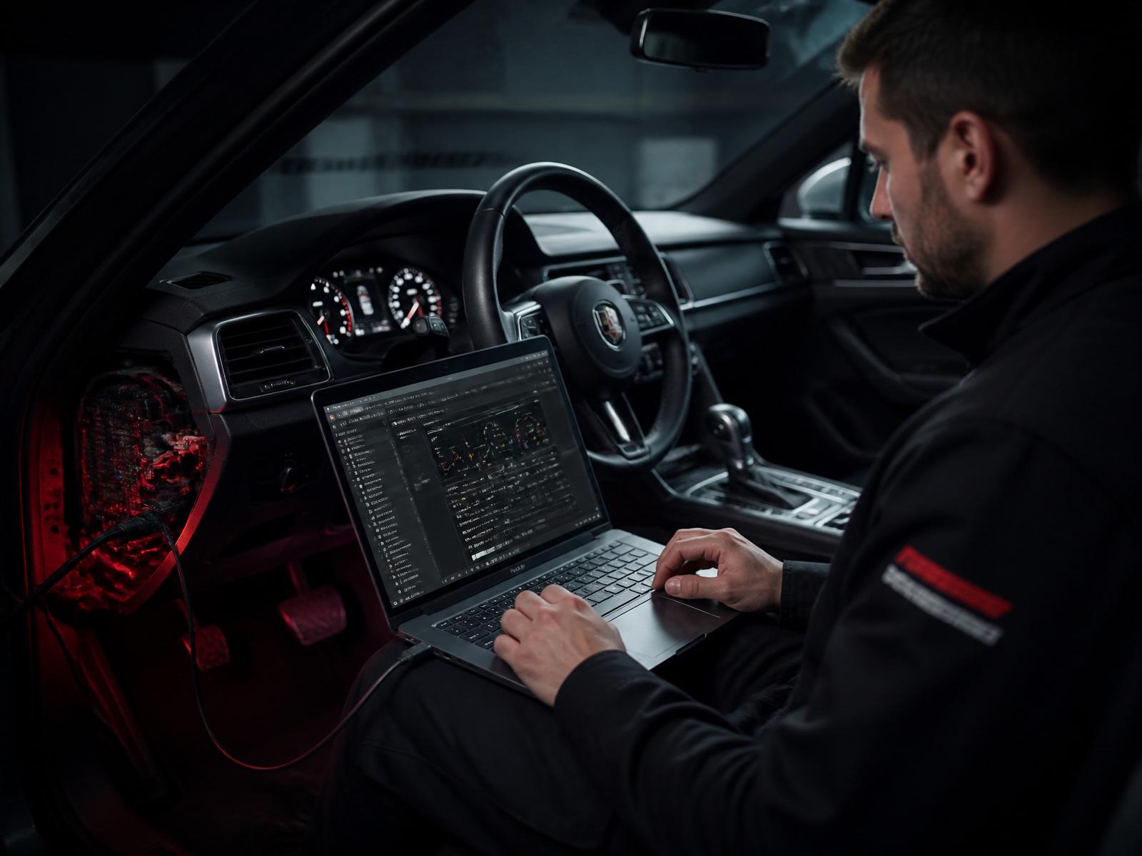 Technician running automotive programming software on a laptop connected to a vehicle